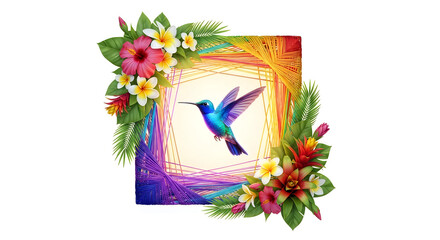 Obraz premium A vibrant hummingbird flies within a colorful floral frame surrounded by lush greenery and exotic flowers.