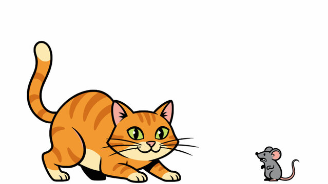 Ginger Cat Pouncing on Scared Little Mouse Cartoon Illustration