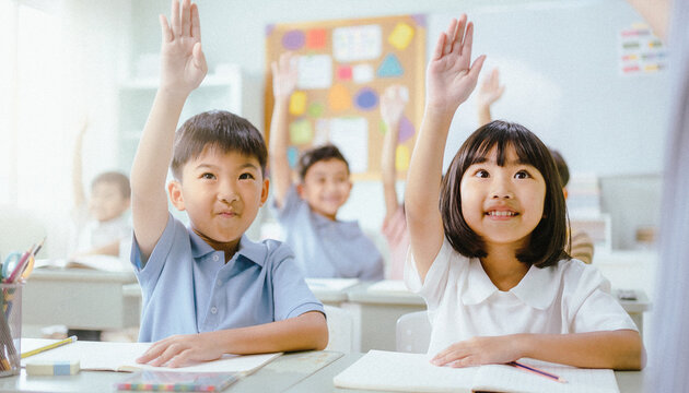 Candid documentary of diverse Asian students raising hands in a bright classroom with natural light, showing an authentic morning routine, real life education, and family work life balance