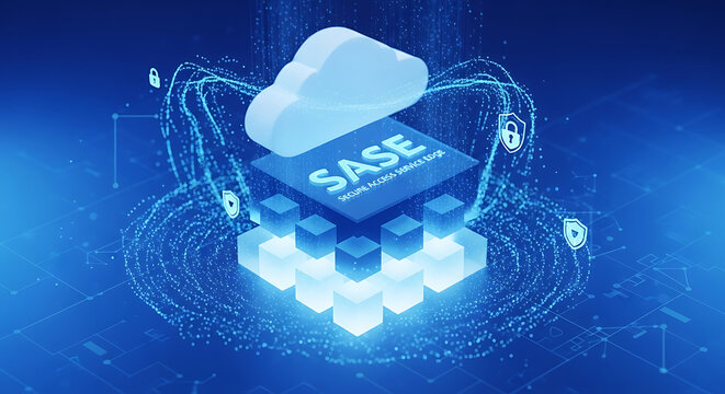 Futuristic 3D render of a glowing cloud server on a digital blue background representing SASE platform infrastructure for secure data storage and advanced network information protection