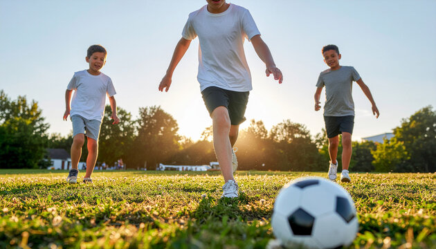 Group of active young boys playing soccer in a public park during sunset, showcasing a healthy childhood lifestyle, real life outdoor activity, and positive work life balance for families