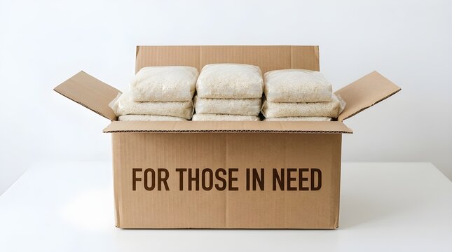 Box filled with packaged rice prepared for donation, representing essential staple food distribution and humanitarian assistance for communities in need.