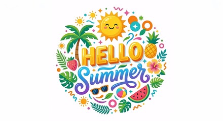 Fototapeta premium Fresh 3D Illustration of “HELLO SUMMER” Text with Playful Summer Elements and Colorful Tropical Background