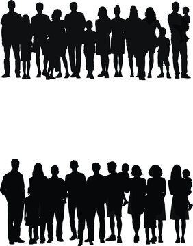 Large group of people silhouettes standing together, diverse crowd collection with men, women and children, community concept isolated on white background for design use