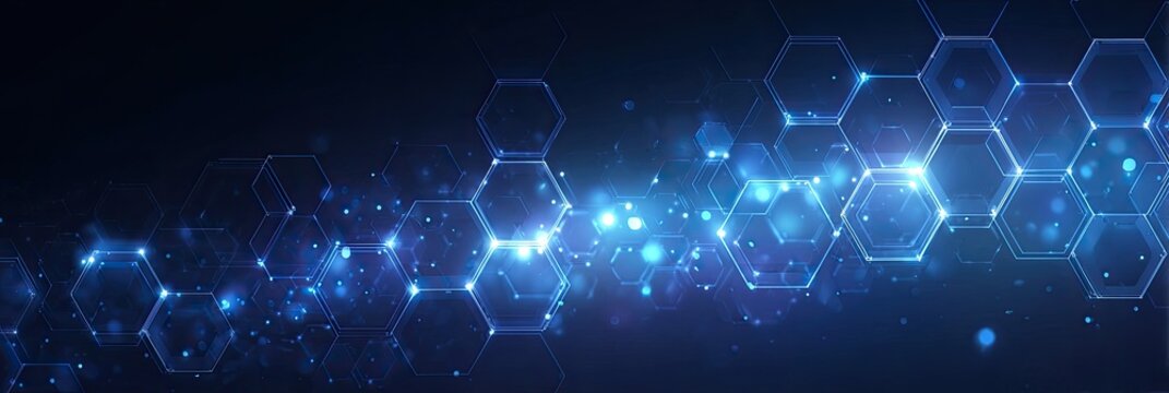Abstract digital blue hexagonal grid with glowing particles and light flares