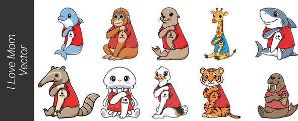 Fototapeta premium Cute Marine and Exotic Animals I Love Mom Vector Set, Cartoon Dolphin Shark Giraffe Tiger Animals, Mothers Day Cute Animal Collection, Baby Animal Illustration