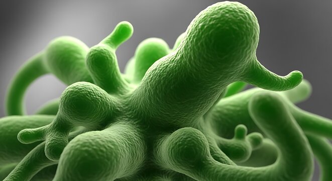 Microscopic view of a green, amorphous biological structure with irregular, blobby forms