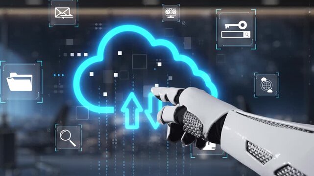 robotic hand touching holographic cloud storage icon in futuristic office at night