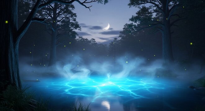 Mystical forest pool night scene