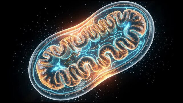 Detailed glowing 3D illustration of a mitochondrion cell organelle with intricate inner structure on black background