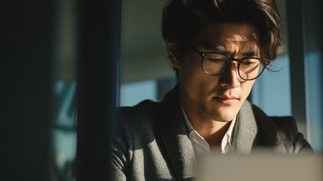 パソコンを見つめて悩む日本人ビジネスマン（問題・ストレス・意思決定）