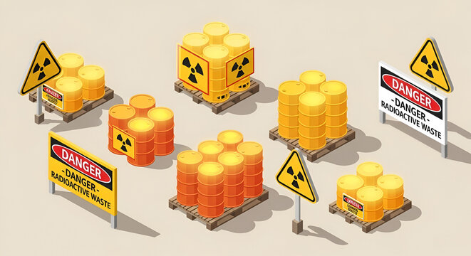 Isometric illustration of stacked yellow and orange radioactive waste barrels with danger signs in a storage facility