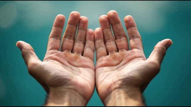 Close up of two open human hands with palms facing up on a blurred blue background