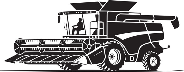 Obraz premium Combine harvester vector illustration for farming tattoo or industrial logo. Glyph pictograms of agricultural machinery with operator driving