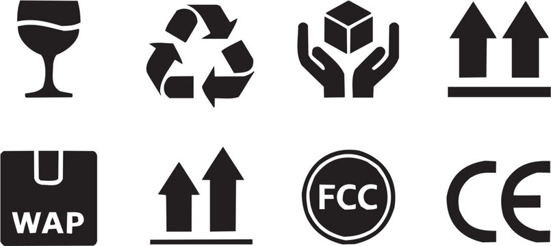 Recycling packaging vector illustration for eco tattoo or shipping logo. Glyph pictograms of recycling arrows, fragile cube, upward arrows and FCC logo