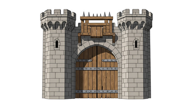 Medieval castle gate with wooden doors and spiked portcullis gray stone towers and archway entrance fantasy architecture illustration