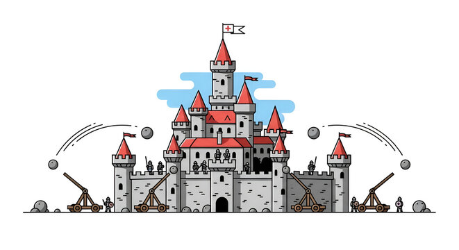 Medieval castle under siege with catapults launching stones in cartoon style featuring red towers against a blue sky backdrop