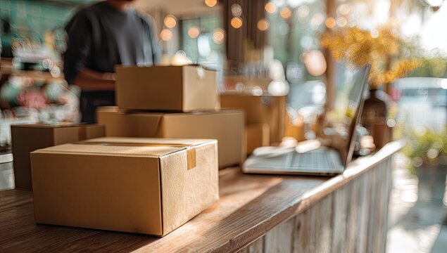 Packages on a counter with a laptop and person in background