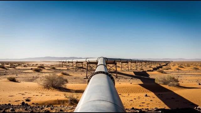 Long pipeline stretching across a dry desert landscape under clear blue sky with sparse vegetation and distant mountains