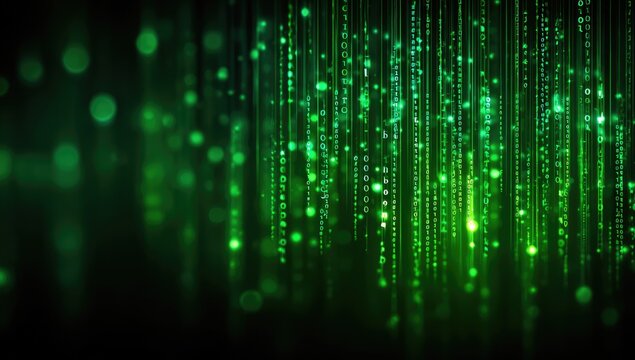 Emerald digital rain cascades with glowing bokeh on dark background