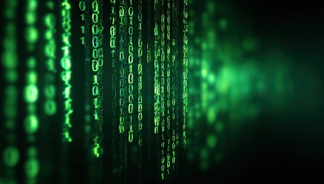 Green digital rain of binary code cascades in a dark, abstract technological background