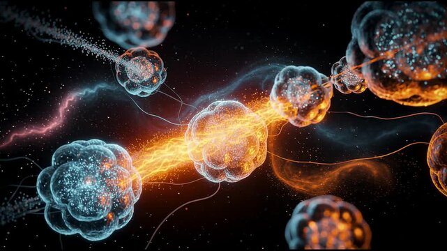 Abstract digital illustration of glowing particles and energy flow representing quantum technology and particle physics
