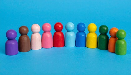 Obraz premium Vibrant Rainbow Wooden Peg Dolls in a Diverse Row Over a Bright Blue Background for Inclusion and Teamwork Concepts