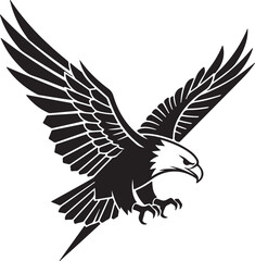 Fototapeta premium Dynamic black and white vector silhouette icon of an eagle in powerful flight with outstretched wings and sharp talons.