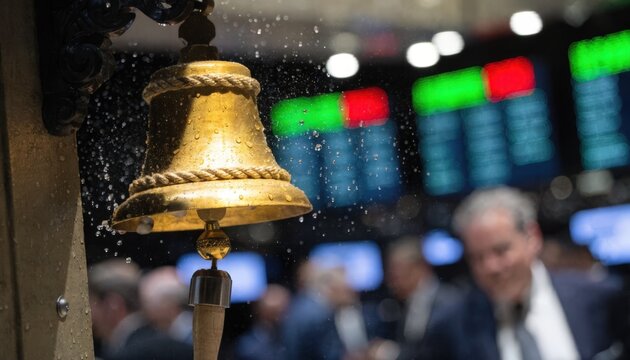 Closeup of brightly lit equity price board at market open the bell ringing ceremony caught in sharp detail with traders and screens softly blurred.