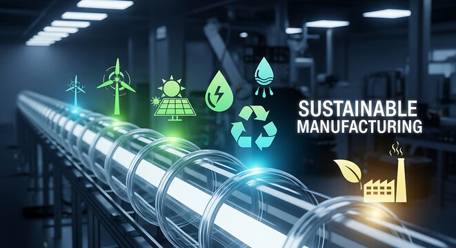 Glowing green ecological process line featuring digital icons representing renewable energy sustainable development and circular economy concept on dark background with illuminated flow connection