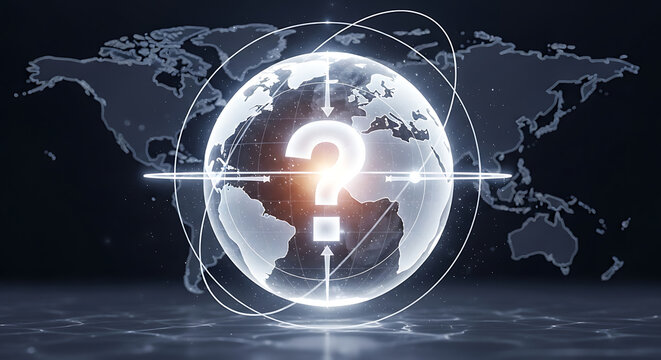 Glowing translucent digital globe featuring a central illuminated question mark symbol representing global mystery, information query, and network search within a radiant cosmic root structure.