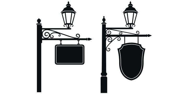 Vintage street lamp posts, ornate bracket design, hanging shop signs, classic lantern style, decorative scrollwork silhouette, historical architecture, flat vector illustration