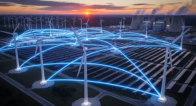 Digital blueprint of a glowing blue smart grid network connecting wind turbines solar panels and industrial power plants for sustainable renewable electrical infrastructure distribution