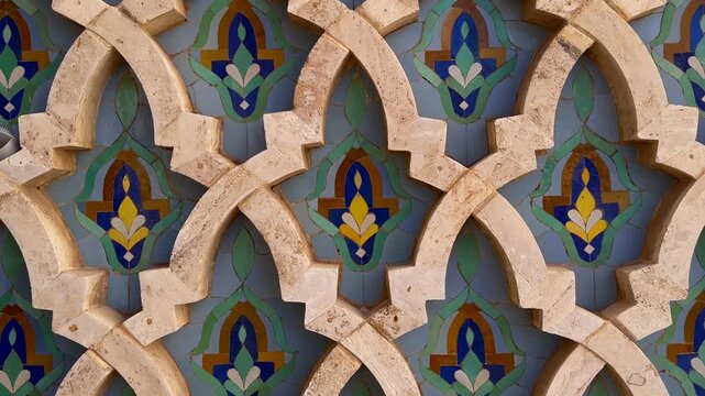 video camera zooms out shot of traditional Zelige mosaic fountain pattern of Morocco, Casablanca mosque Hassan 2
