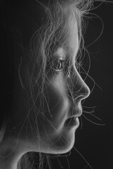Beautiful black and white profile portrait of a little girl's face, isolated on a dark background. A touching and dramatic image of childhood innocence, contemplation, and dreams. © dechevm