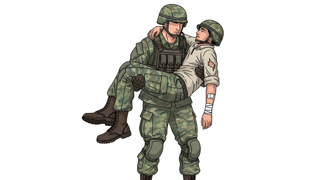 Soldier carrying injured comrade in arms on battlefield illustration in camouflage; military support rescue and camaraderie