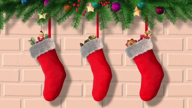 Christmas socks with gifts hanging on wall
