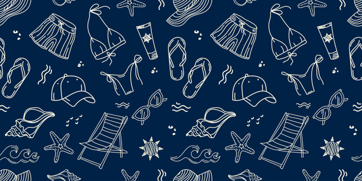 Summer beach seamless pattern with hand drawn swimwear flip flops sunglasses hat starfish line art. vacation theme design for textiles packaging wrapping paper web backgrounds branding.Vector