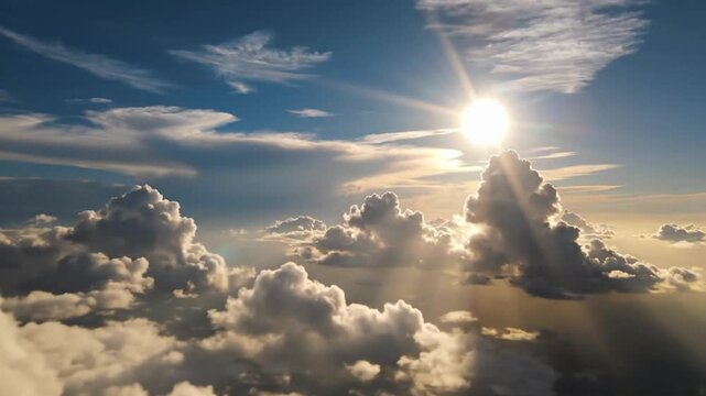 Fluffy white cirrus clouds fill the sky with light shining above during a bright day