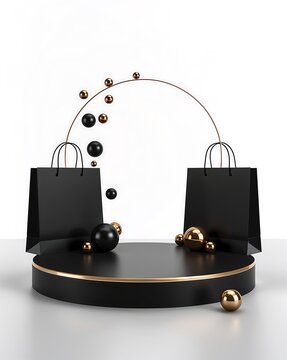 Black shopping bags on a round platform with gold and black balls floating around