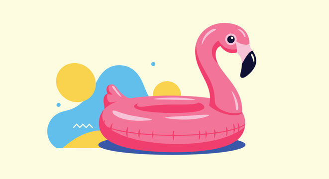 Pink flamingo pool floatie positioned against a colorful background with abstract shapes represents fun summer leisure activities.