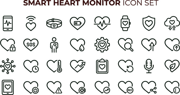 Smart heart monitor outline icon set with wearable healthcare tracking symbols for mobile apps dashboards fitness wellness interfaces