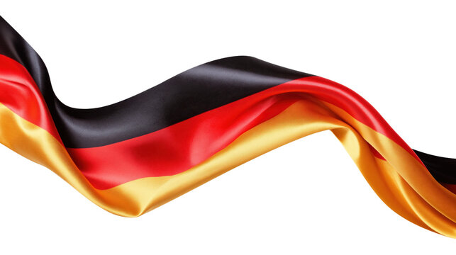Elegant glossy satin ribbon in a dynamic wave featuring the black red and gold German national flag isolated on transparent background