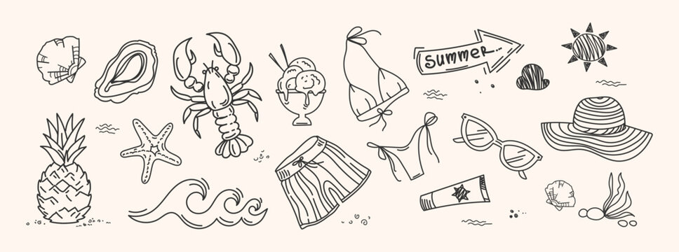 Summer beach doodle set with hand drawn elements pineapple crab lobster swimsuit sunglasses hat waves and ice cream, minimal vacation design for branding packaging social media prints stickers.Vector