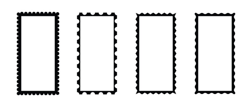 A collection of rectangle frames with wavy edges. Trendy zigzag curved geometric frames for decorative design, stamps, stickers, price tag. Zigzag wavy edge rectangle frame set jagged geometric.