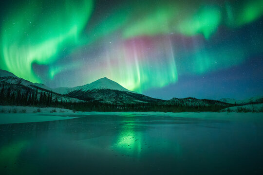 View of vibrant green and pink aurora borealis dancing above the snow-covered mountains and frozen lake reflecting the sky's glow, Coldfoot, Alaska, United States.