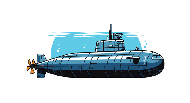 Large blue submarine vessel traveling through the ocean water with bubbles and light rays coming from the surface above.