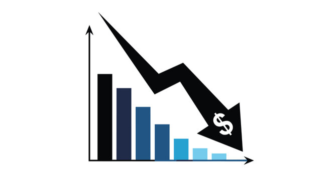 Business bar chart with blue and black columns and a large black arrow pointing downwards with a dollar sign for financial loss.