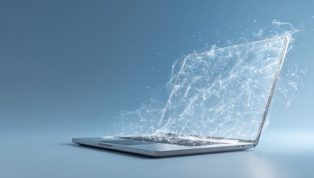 Laptop Dissolving into Digital Data Particles on Blue Background.