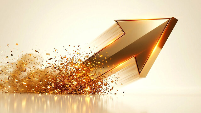 Copper bronze upward arrow with explosive golden sparkle particles on dark background